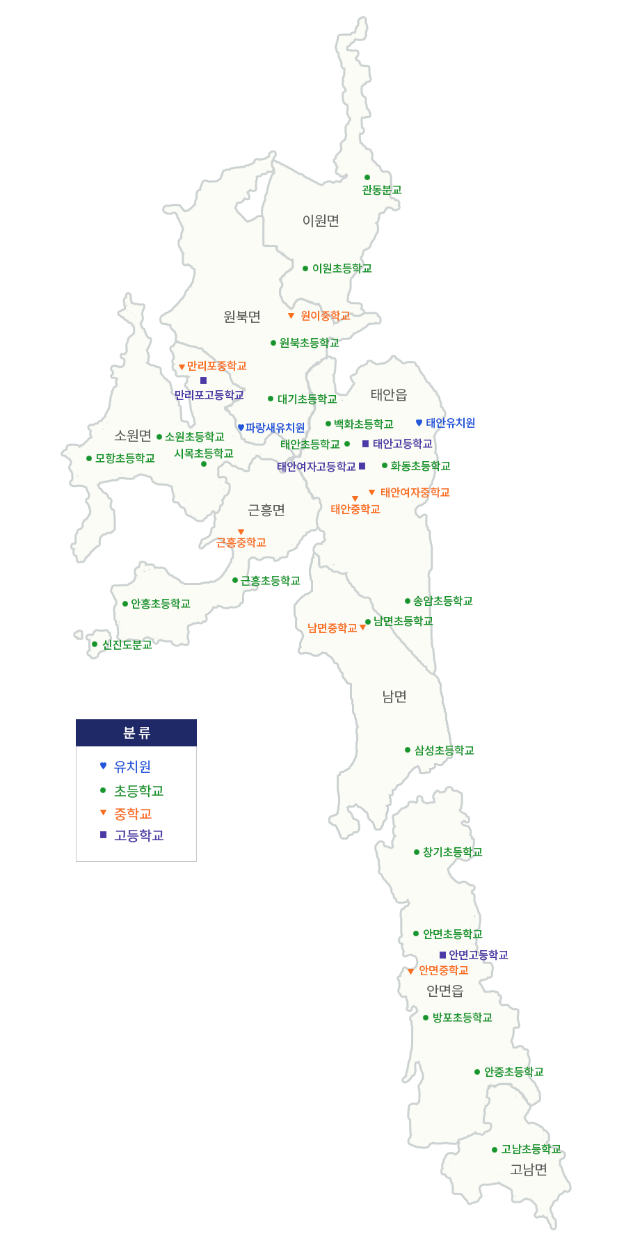 태안군의 학교분포도를 나타낸 이미지입니다. 우선 지도상의 상위부터 이원면에 초등학교는 관동분교, 원이중이원분교, 이원초등학교가 있습니다. 원북면에는 우측 상위에 원이중학교, 원이중학교 아래에 원북초등학교, 대기초등학교가 있습니다. 원북면 좌측아래는 소원면으로 소원면 좌측위부터 모향초등학교, 파도초등학교가 있고, 우측상단에는 만리포중학교, 만리포고등학교, 소원초등학교,시목초등학교가 있습니다. 소원면 우측으로는 근흥면과 태안읍이 있습니다. 우선 근흥면에는 상단부터 근흥중학교, 근흥초등학교, 안흥초등학교, 신진도분교가 있습니다. 근흥면 우측에는 태안읍이 있고, 좌측상단부터 태안초등학교, 태안고등학교, 태안여자고등학교, 태안중학교가 있고, 우측상단에는 백화초등학교, 화동초등학교, 태안여자중학교, 송암초등학교가 있습니다. 태안읍 아래로 남면이 있고, 남면에는 상단부터 남면중학교, 남면초등학교, 삼성초등학교가 있습니다. 남면 아래로 안면읍이 있고, 안면읍에는 상단부터 창기중학교, 창기초등학교, 안면중학교, 안면초등학교, 안면고등학교, 방포초등학교, 안중초등학교가 있습니다. 안면읍 아래로 고남면이 있고, 고남면에는 고남초등학교가 있습니다.